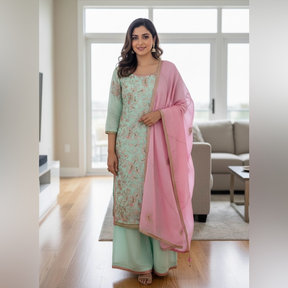 Embroidered Mint Green and Pink Traditional Outfit